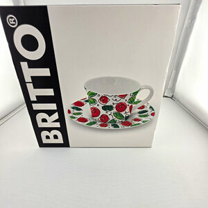 BRITTO Bone China Coffee Cup & Saucer Set, Painted Floral, White/Red/Green